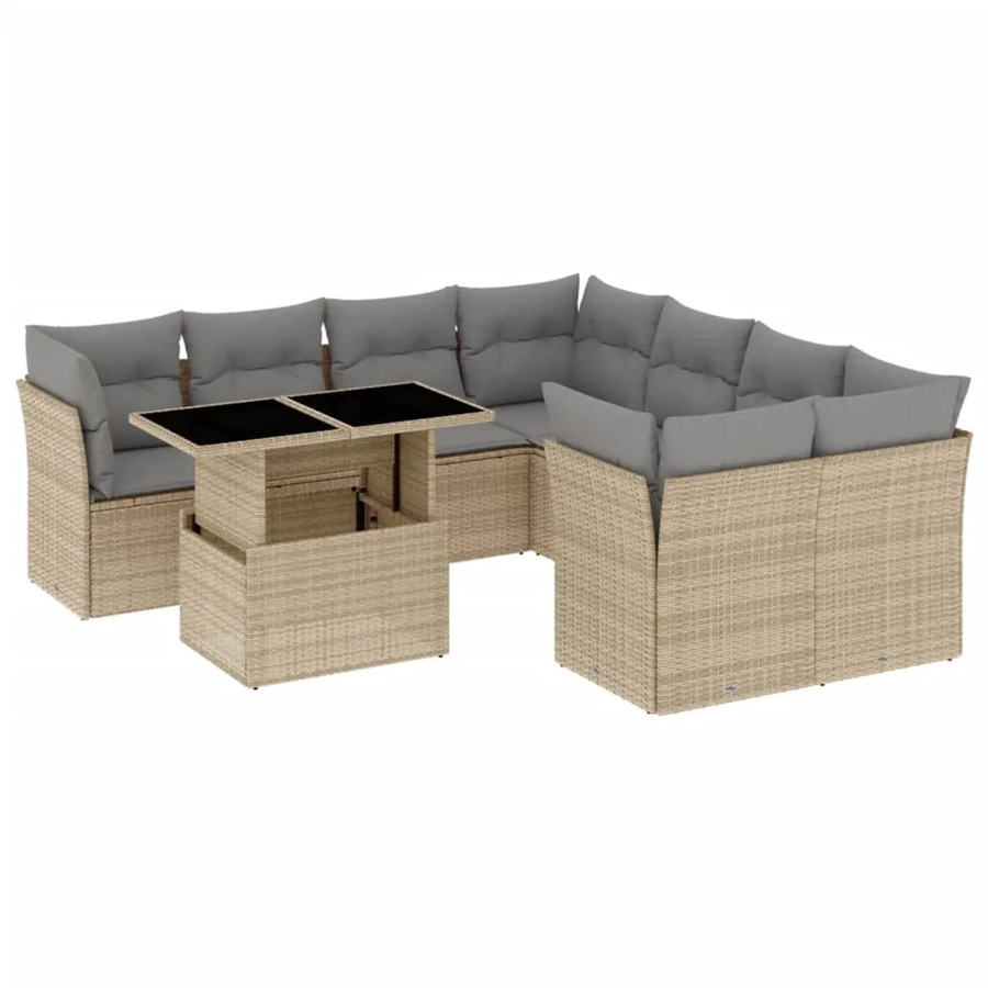 vidaXL 9-tlg Garten-Sofagarnitur aus Polyrattan in Beige mit Kissen und Tisch im L-Shape Design - Bild 2