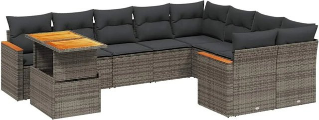 vidaXL 10-tlg. Garten-Sofagarnitur in L-Form aus Polyrattan und Akazienholz mit Kissen, Grau - Bild 1
