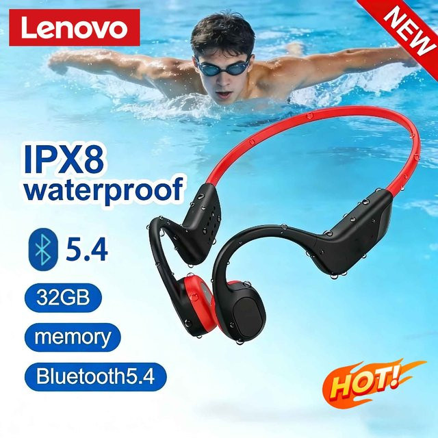 Lenovo Knochenleitungs-Kopfhörer Bluetooth 5.4 mit Mikrofon wasserdichte drahtlose Sport-Kopfhörer für Fitness in Schwarz oder Rot - Bild 1