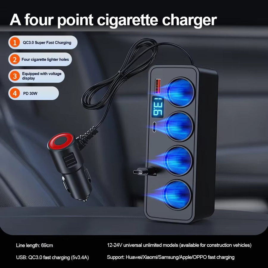 120 W Auto-Zigarettenanzünder-Adapter mit einziehbarem Kabel, QC3.0 und PD30 W Schnellladung, Spannungsanzeige, Schwarz, 12 V/24 V - Bild 3
