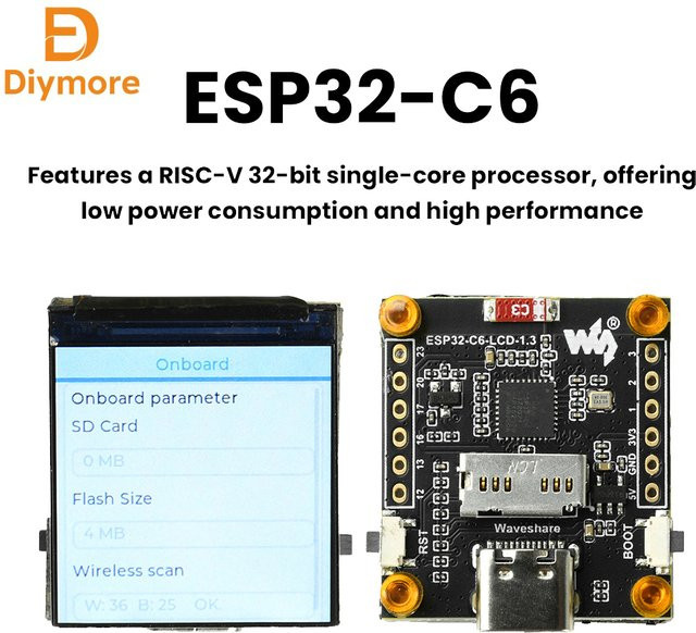 diymore ESP32-C6 Entwicklungsboard mit 1,3 Zoll LCD-Display ST7789, Wi-Fi, Bluetooth und USB-C, Schwarz, 240x240 Auflösung - Bild 1