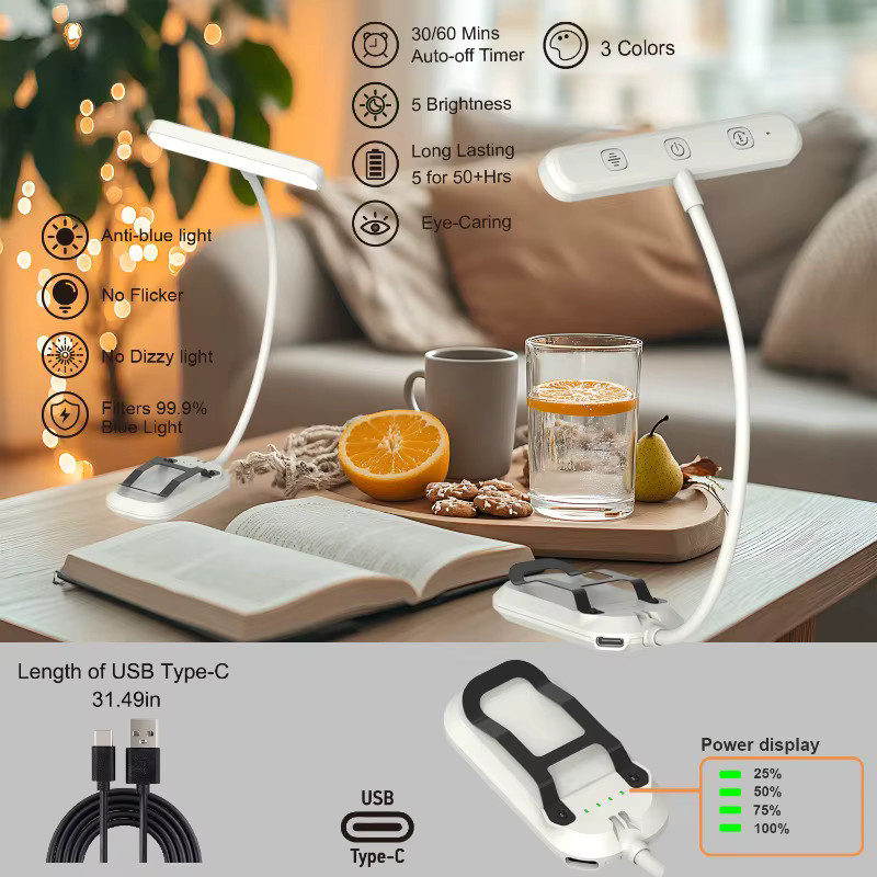 LINYILIGHT LED Clip-On Leselampe mit Touch-Steuerung, USB-aufladbare Buchlampe in Weiß mit 3 Farbmodi und 5 Helligkeitsstufen - Bild 3