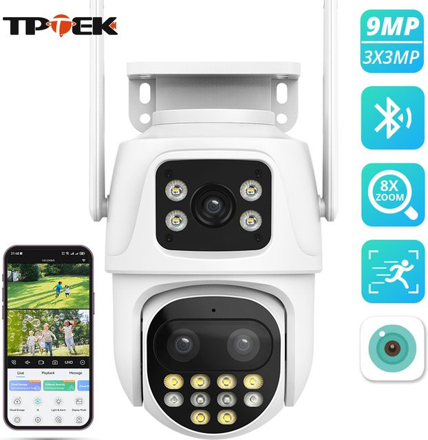 TPTEK 9MP WIFI IP Kamera mit Drei Objektiven und Dual Screen, 8X Zoom, 6MP PTZ, AI Auto Tracking, iCSee Sicherheit Videoüberwachung Kamera in Weiß - Bild 1