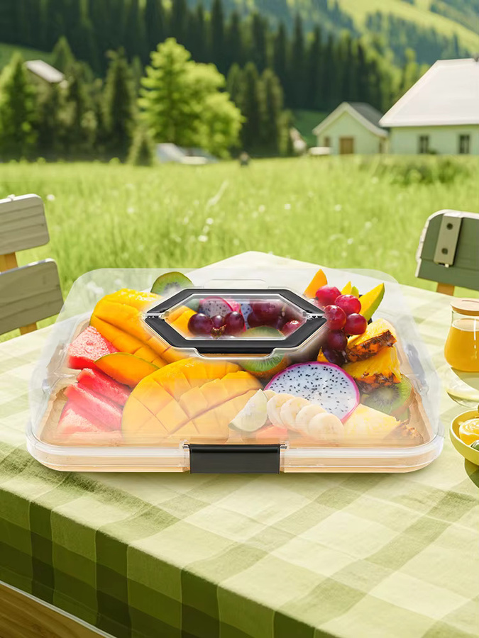 Holz-Charcuterie-Brett mit transparentem Deckel und Griff in Braun, tragbare Käsebrett-Box für Snacks und Obst, B/T/H: 36,5 x 25 x 7,5 cm - Bild 5