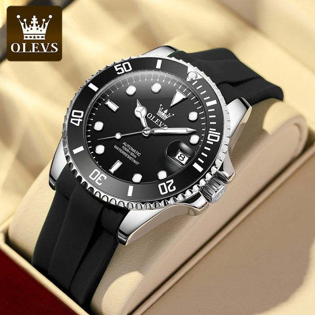 OLEVS Armbanduhr, mechanisch, Silikon-Armband, Schwarz, Herren - Bild 1