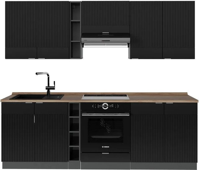 Vicco Fame-Line Küchenzeile in Schwarz gestreift und Anthrazit mit Eiche-Optik, Breite: 235 cm, Höhe: 82 cm, Tiefe: 60 cm - Bild 1
