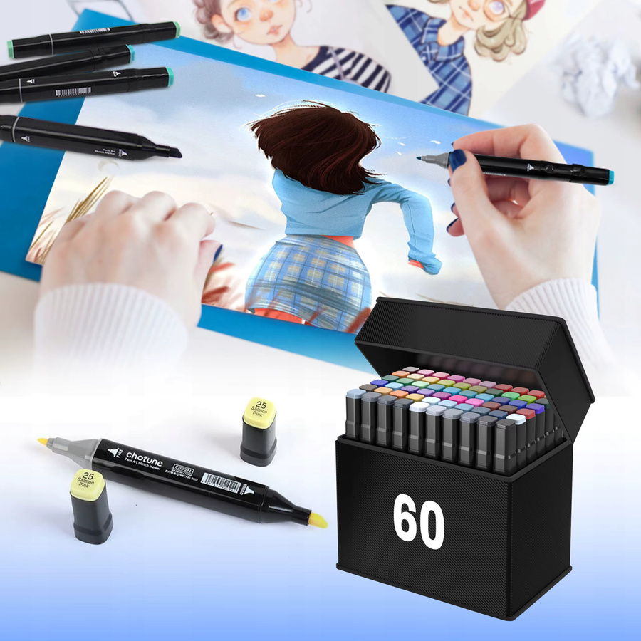 Alkoholmarker-Set mit 60 Farben und Doppelspitze aus Meißel- und Feinspitze für Manga-Illustrationen, Design und Zeichnen - Bild 2
