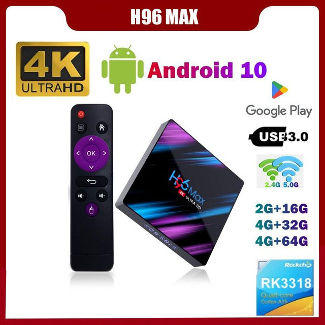 H96 MAX Smart TV Box Android 10 mit 4K UHD, WiFi und Bluetooth, Schwarz - Bild 1