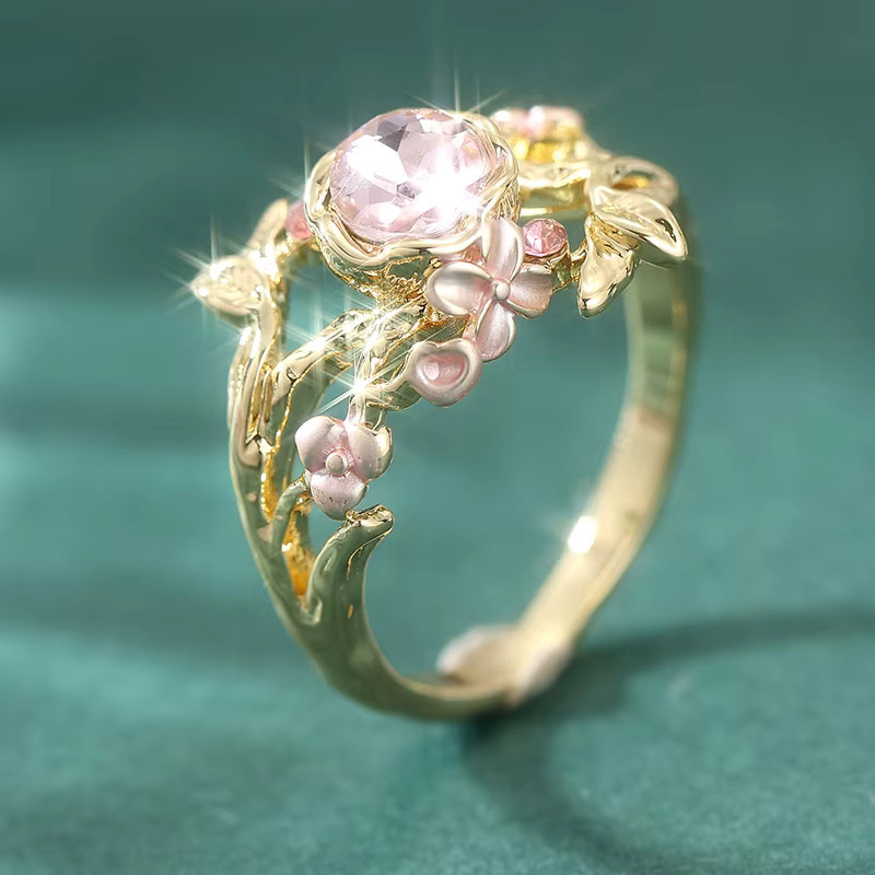 YoYo Ring, Blumen, Rosa Zirkonia, Gold, Vintage, Damen - Bild 3