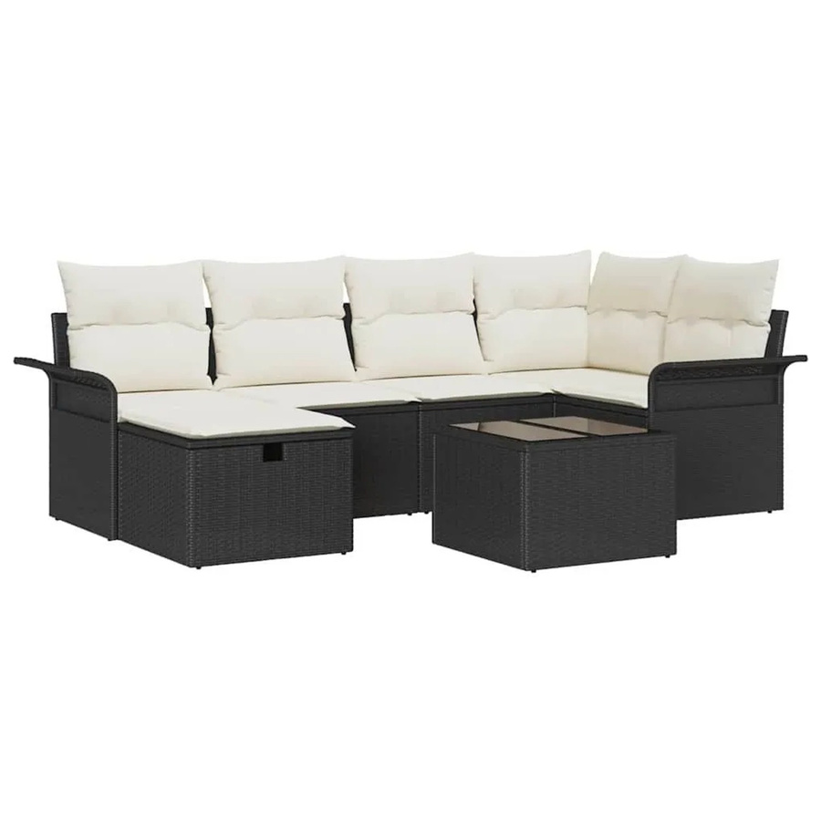 vidaXL Gartensofa-Set aus Poly-Rattan in Schwarz und Beige mit 7 Teilen, L-Form mit Eckelement, Ottoman und Couchtisch - Bild 2
