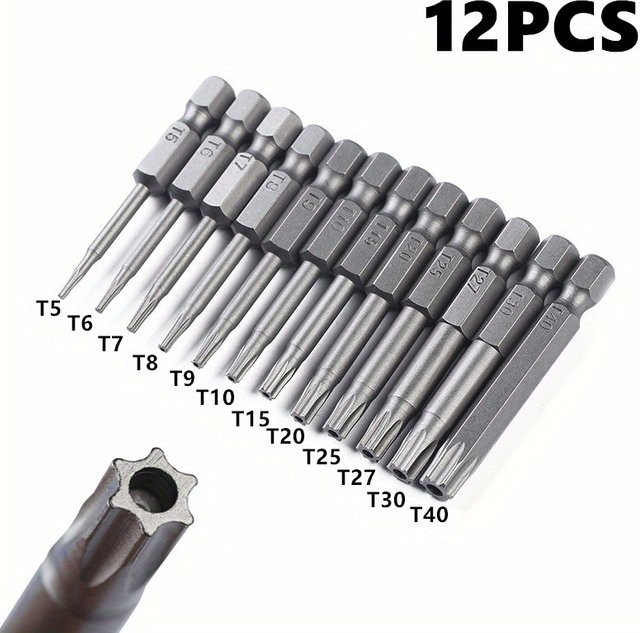 12er Set Sicherheits-Torx-Bits mit Sechskantschaft für Bohrmaschinen und Schraubendreher, T5-T40, 50 mm Länge - Bild 1