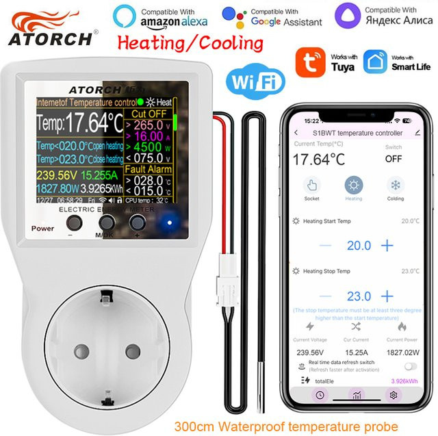 Tuya Wi-Fi Smart Thermostat Steckdose mit 3M NTC Sensor, Temperaturregler und Timer für Heizung und Kühlung, Weiß - Bild 1