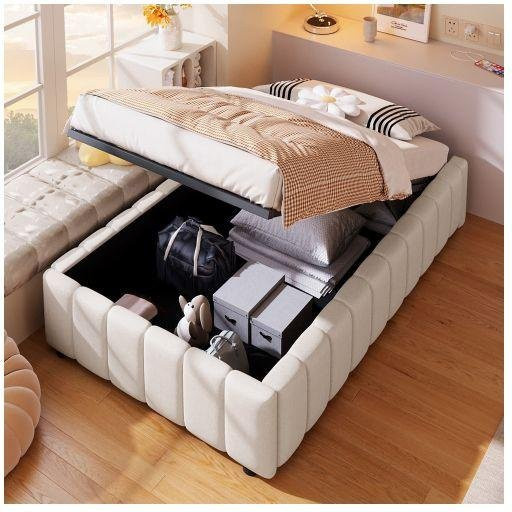MUVOE Bett mit hydraulischer Unterstützung in Beige mit modernem Design, B/T/H: 90 x 200 cm - Bild 1