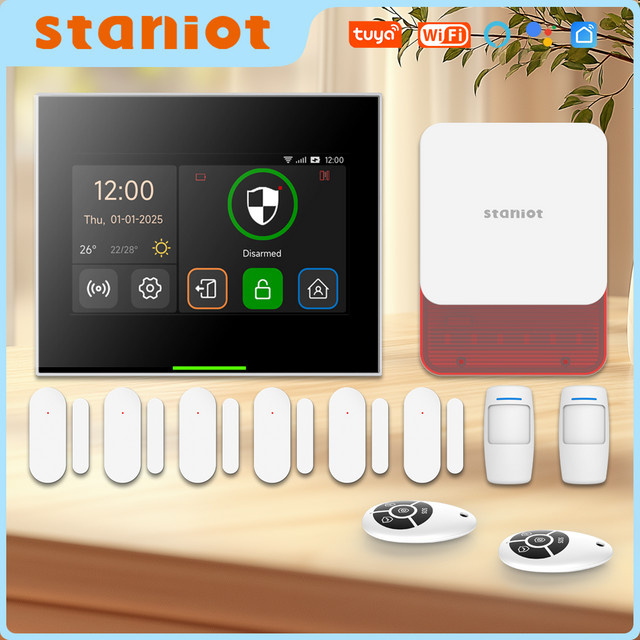 Staniot Smart Home Sicherheitssystem WiFi 433MHz mit Fenster-Tür-Sensoren, drahtloser Innensirene und Fernbedienung in Weiß - Bild 1