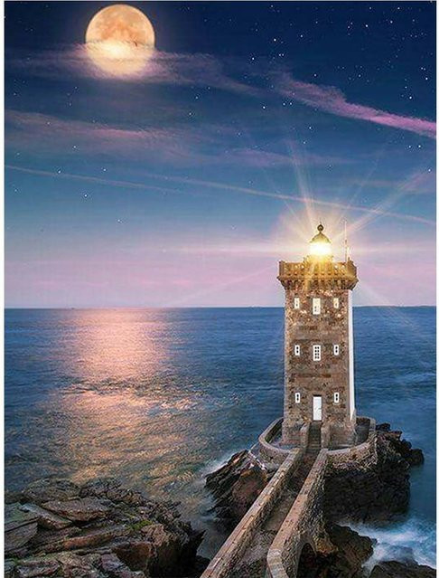 FIYO Diamond Painting Landschaft Villa am Meer mit Leuchtturm in Mehrfarbig, B/H: 40 x 50 cm - Bild 1