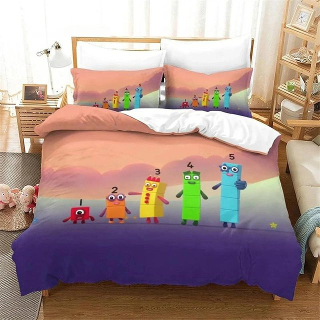 JMG Household Supplies Bettwäscheset mit 3D-Druck Cartoon-Zahlenblöcken, Mehrfarbig, Material: Mikrofaser/Polyester, Inhalt: 1x Bettbezug, 1x Kissenbezug, Breite: 133 cm, Länge: 200 cm (Hinweis: Da nur 70x133cm im Text standen, aber die Maße unklar waren, - Bild 1