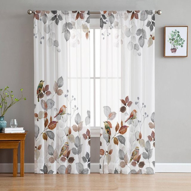 Transparente Vorhänge im Landhausstil mit Blättern und Rotkehlchen von Household supplies MH, Tüll Voile Organza für Wohnzimmer und Küche, B: 135 cm, H: 115 cm, 2er-Set - Bild 1