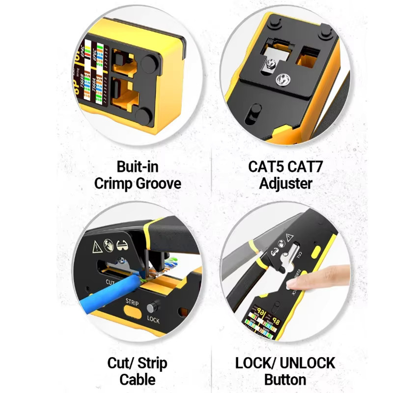 AOKIN RJ45 Netzwerk-Crimper 3-in-1 Crimp/Cut/Strip für LAN CAT8/7/6A/6/5E STP/UTP und RJ11/12 Tel Modularkabel in Gelb - Bild 3