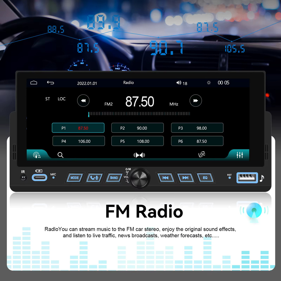 Podofo 1DIN Autoradio mit 6,86 Zoll Touchscreen, Carplay, Android Auto, Bluetooth und USB in Schwarz - Bild 5