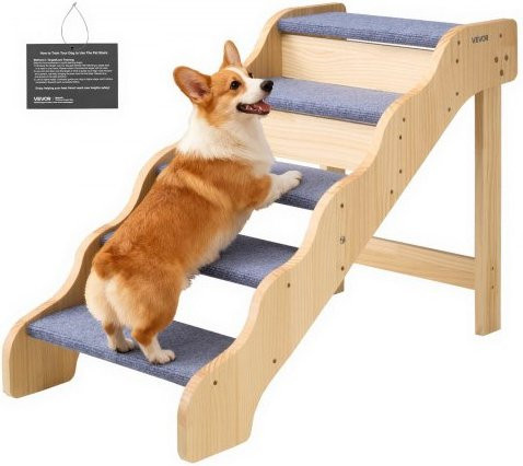 VEVOR Hundetreppe aus Holz mit 5 Stufen, rutschfeste Haustiertreppe für kleine, mittlere und große Hunde sowie Katzen, Beige, B/T/H: 91 x 43 x 63 cm - Bild 1