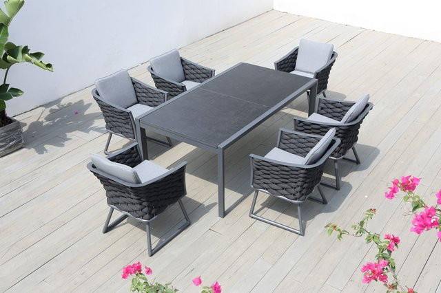 OUTFLEXX Garten-Essgruppe aus Aluminium mit Ropegeflecht in Anthrazit, bestehend aus einem ausziehbaren rechteckigen Tisch und 6 Sesseln - Bild 1