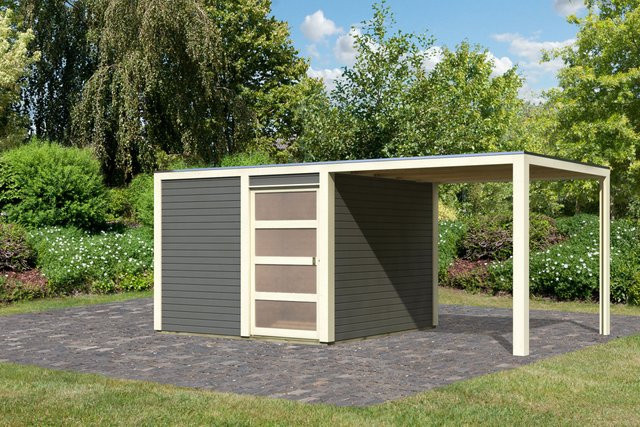 Gartenhaus QUBIC 2 in Terragrau mit Anbaudach B/T: 272 x 272 cm - Bild 1