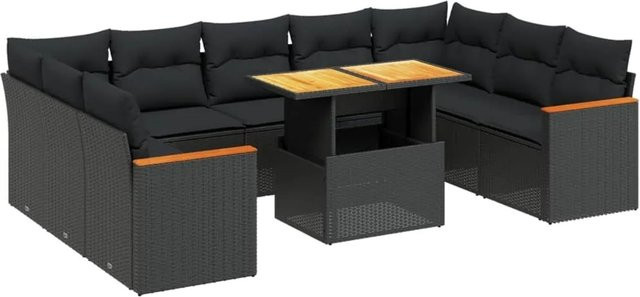 vidaXL 10-tlg. Garten-Sofagarnitur in L-Form aus Poly-Rattan und Akazienholz mit Kissen, Schwarz - Bild 1
