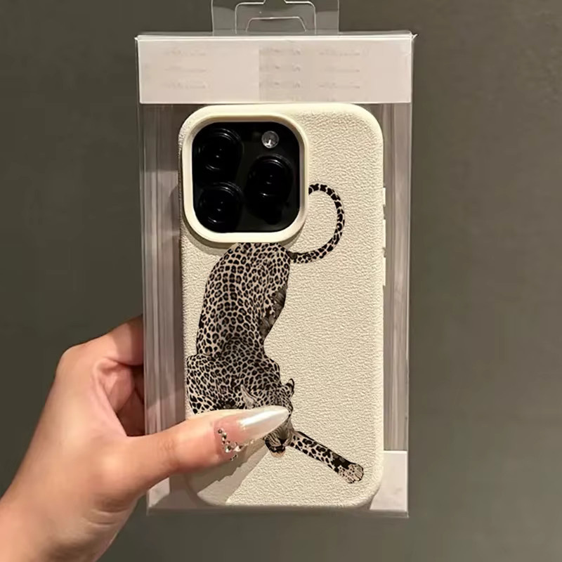 Schwarze Handyhülle mit Leoparden-Design und Lychee-Textur für Apple iPhone 11 bis 17 Pro Max und Plus Modelle als Softcover - Bild 1