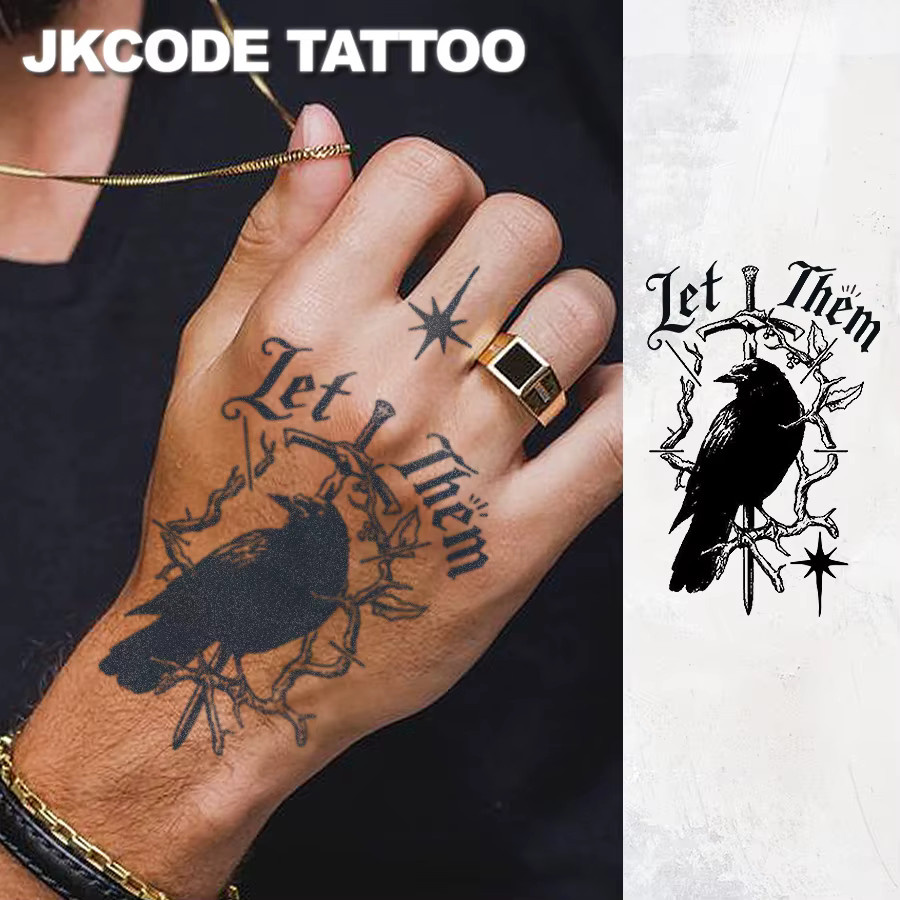 JKCODE TATTOO Wasserfeste Semi-Permanente Tattoos, Krähen- & Dornenzweig-Muster, Herren - Bild 2