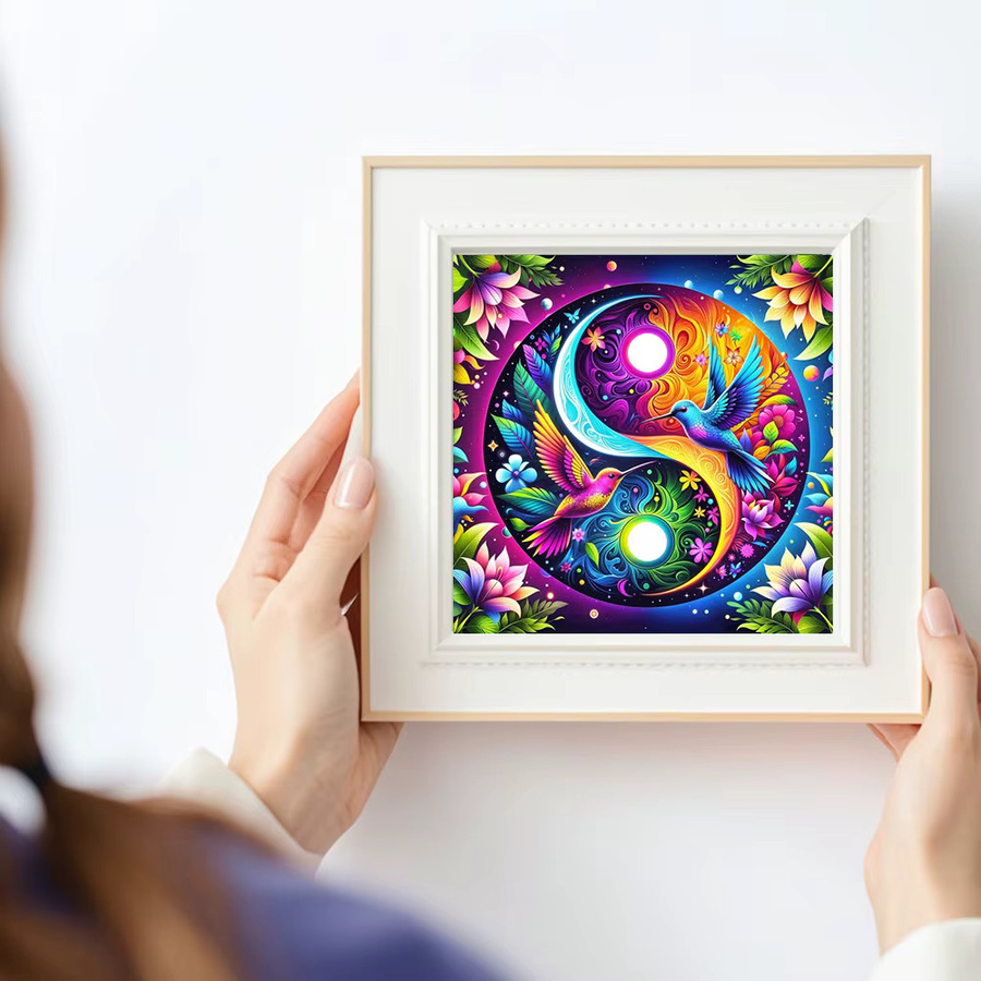 Huacan Rundes Diamantgemälde mit Vogel und Blumen als Mosaik-Wanddekoration, Mehrfarbig, Durchmesser: 20 cm - Bild 3