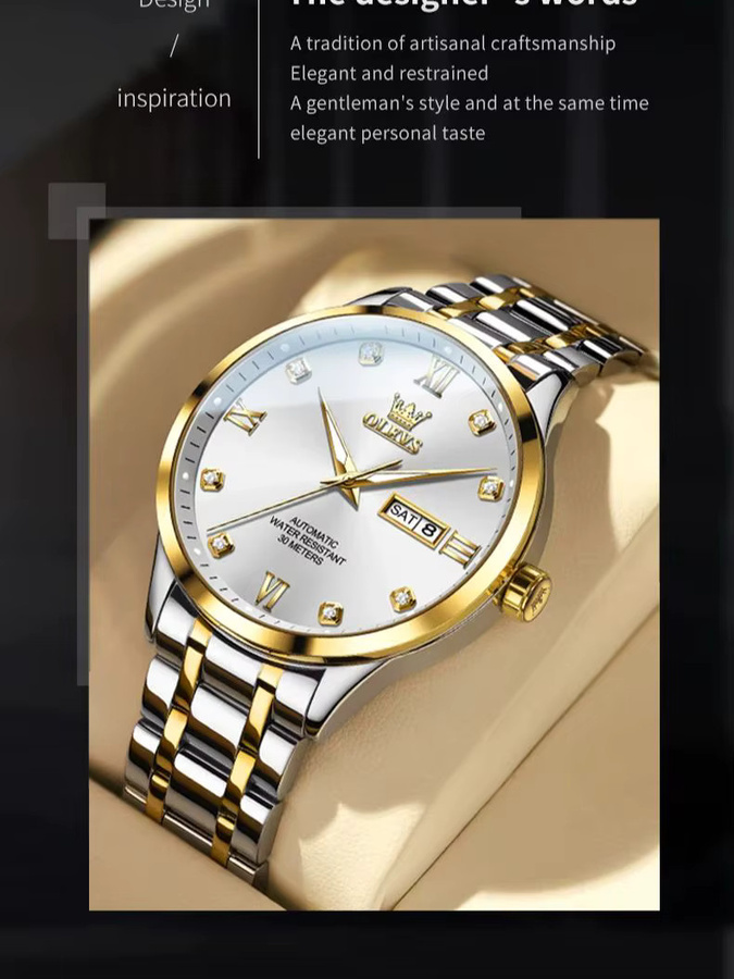 OLEVS Armbanduhr Automatik, Edelstahl, Bicolor, Diamant, Herren - Bild 7