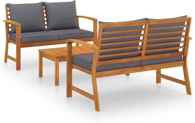 vidaXL 3-tlg Garten-Lounge-Set Modell 2 aus geöltem Massivholz Akazie mit grauen Auflagen, B/T/H: 120 x 50 x 81 cm - Bild 1