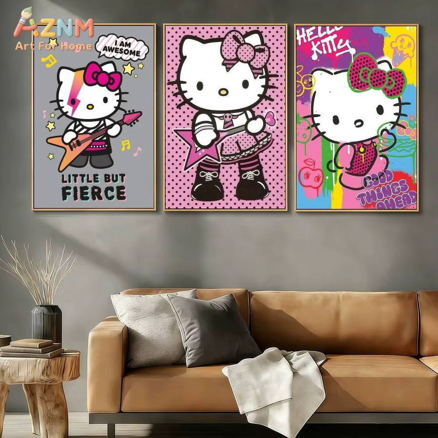 AZNM Hello Kitty Sanrio Leinwand-Wandkunst Pink Punk Style C, ungerahmtes Cartoon-Poster mit Katzen-Rockstar-Motiv, mehrfarbig - Bild 2