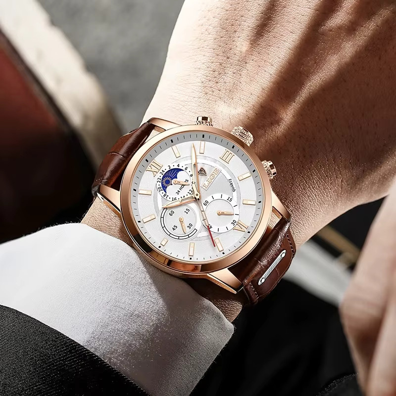 LIGE Chronograph Armbanduhr, Leder, Quarz, Roségold, Herren - Bild 5