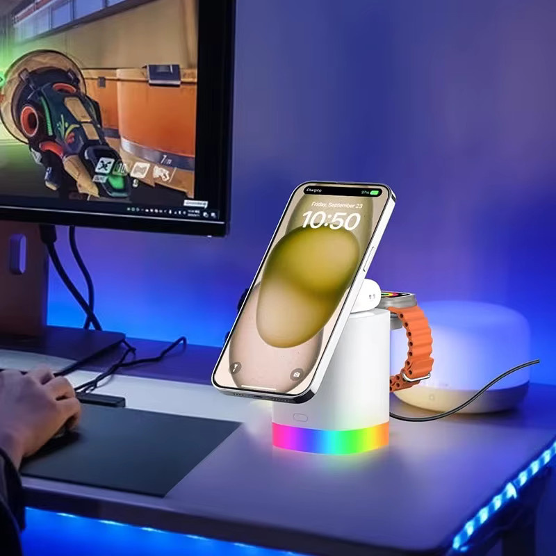 VIKEFON Faltbares kabelloses Ladegerät Travel Dock mit Lichtsteuerung für iPhone und Apple Watch sowie AirPods in Schwarz oder Weiß - Bild 3