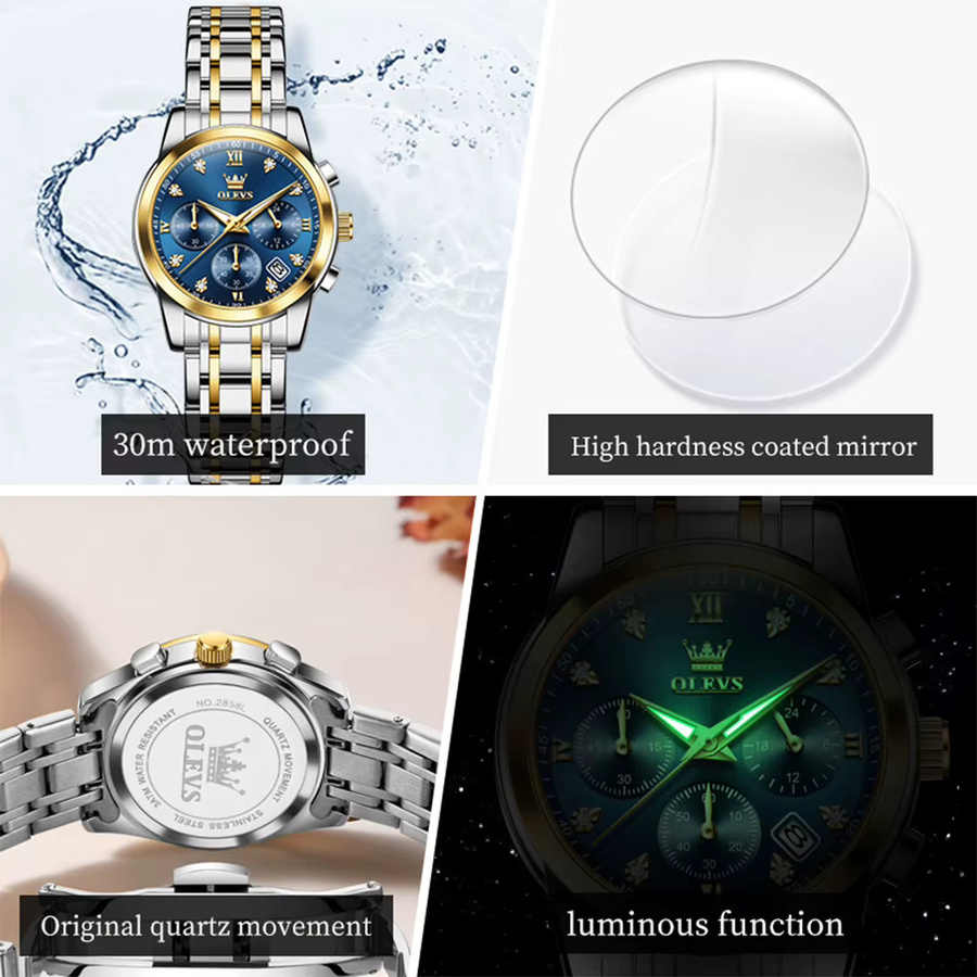 OLEVS Armbanduhr, Chronograph, Quarz, Gold, Edelstahl, Diamantbesetzt, Damen - Bild 4