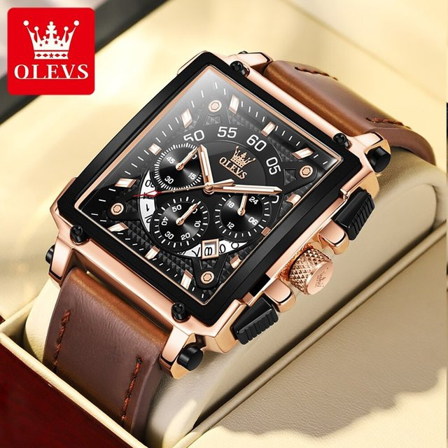 Olevs Armbanduhr, Quarz, Eckig, Lederband, Schwarz, Herren - Bild 1