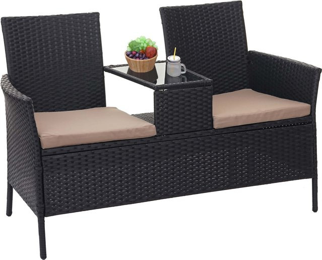 MCW Poly-Rattan Sitzbank mit Tisch E24 in Schwarz mit Kissen in Beige, Breite: 132 cm - Bild 1