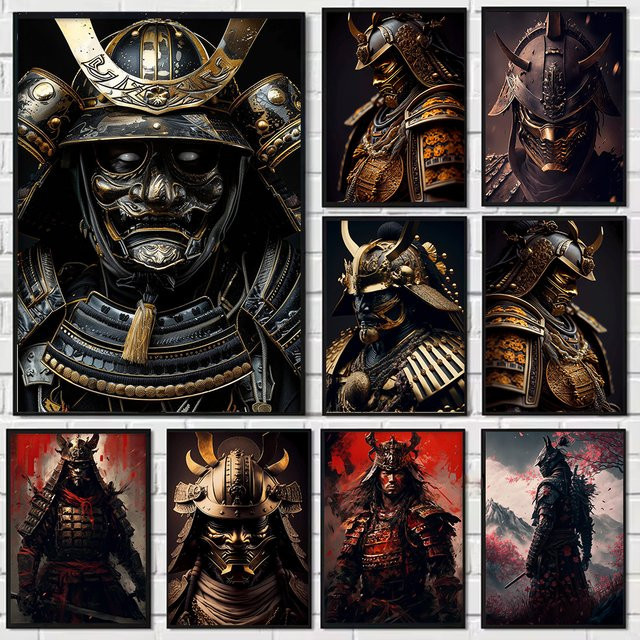 Potdemiel Japanisches Bushido Golden Samurai Vintage-Poster als Leinwandgemälde in Gold zur Wanddekoration - Bild 1