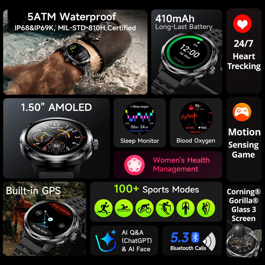 Ulefone Smartwatch, 1,5 Zoll AMOLED, GPS, Herzfrequenz, Schwarz, Unisex - Bild 2