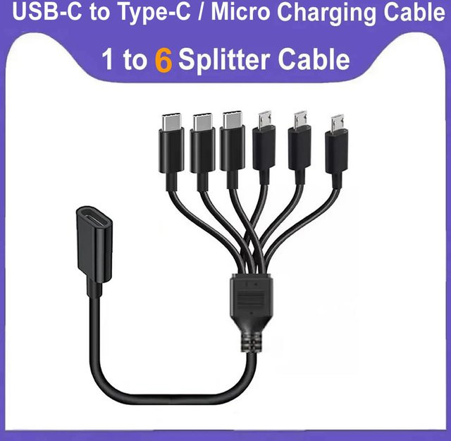 6-Port USB-C-Splitter-Verlängerungskabel mit Micro-USB-Unterstützung, Schwarz, Länge: 50 cm - Bild 1