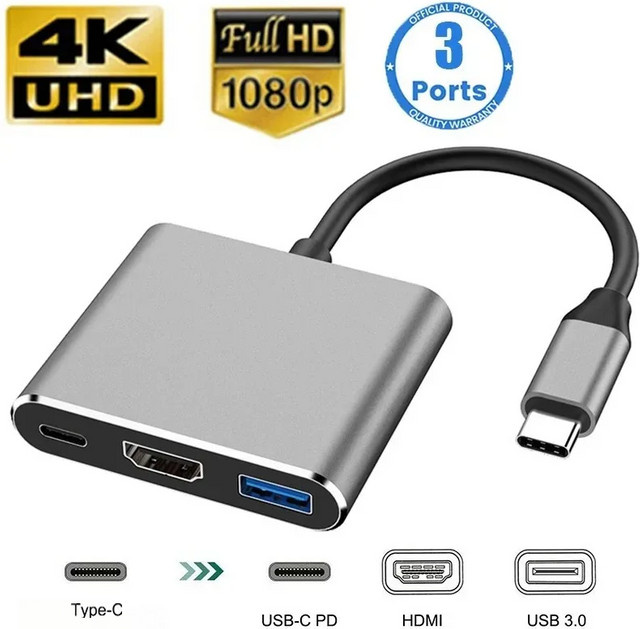 3 in 1 USB-C Hub Docking Station mit HDMI und USB 3.0 in Silber für Macbook und Laptop - Bild 1