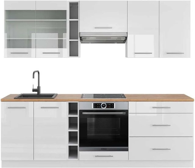 Vicco Fame-Line Küchenzeile Weiß Hochglanz und Eiche, Breite: 235 cm - Bild 1