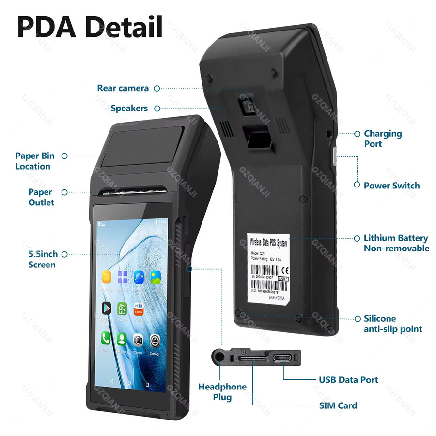 GZQIANJI Handheld POS Terminal Schwarz mit 5,45 Zoll Touchscreen, 58mm Thermodrucker, WiFi, Bluetooth 4.0 und USB-C Unterstützung für Loyverse - Bild 6