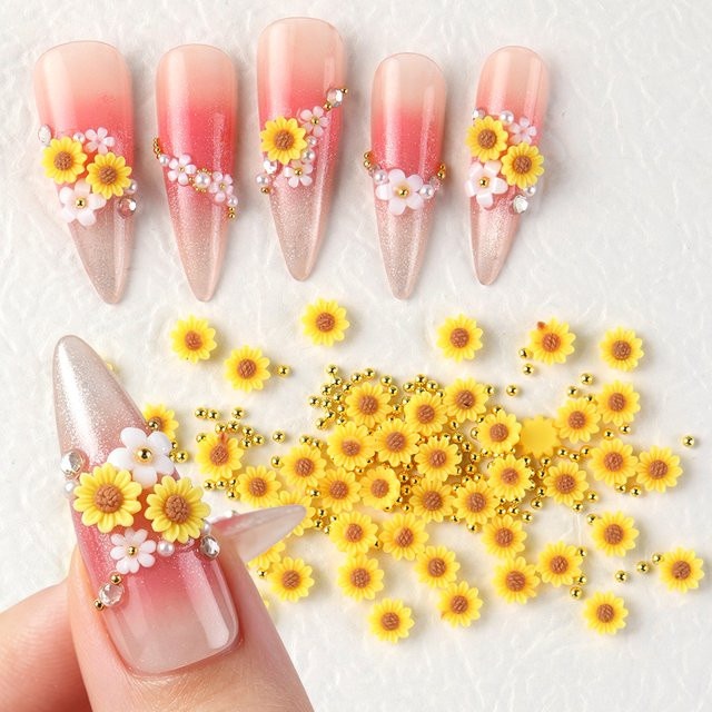 Full Beauty Nagelcharms 3D Gänseblümchen, Blumen und Metallperlen, Glänzend - Bild 1