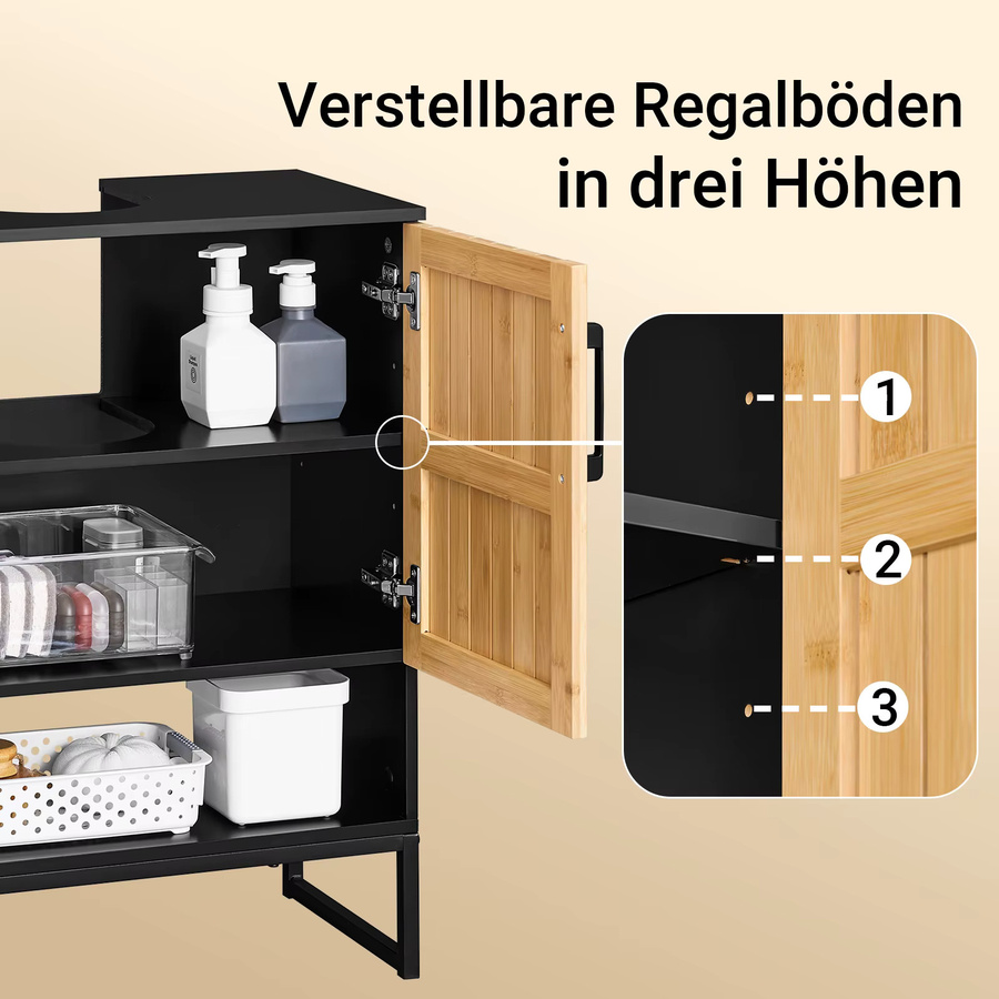 SoBuy Waschbeckenunterschrank BZR202-SCH mit Bambus Tür und Metallfüßen in Schwarz, Breite: 60 cm, Tiefe: 30 cm, Höhe: 70 cm - Bild 5