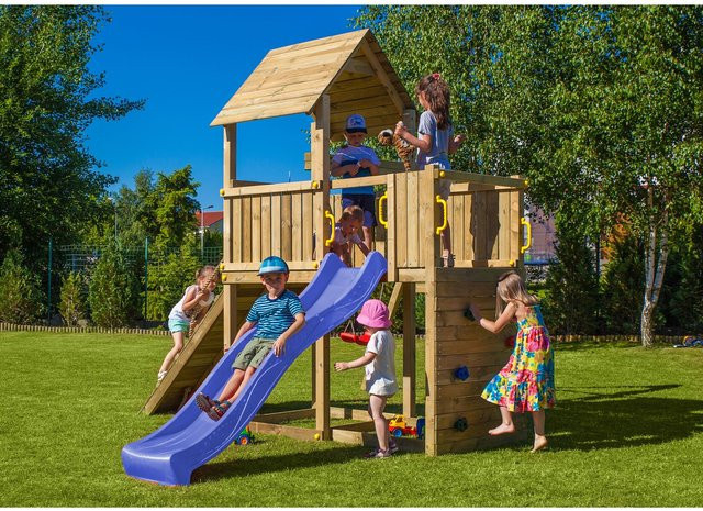 Fungoo Spielturm Carol 3 Klettergerüst mit Rutsche, Schaukel, Kletterwand und Holzdach in Natur - Bild 5