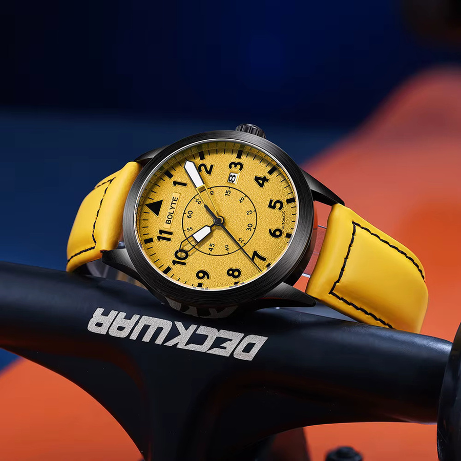 Bolyte Armbanduhr Automatik, Leder, gelbes Zifferblatt, Datum, Herren - Bild 2