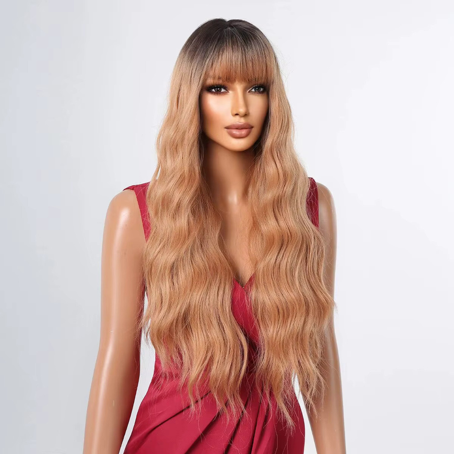 HAIRCUBE Perücke, synthetisch, hellorange braun, lange Wellen mit Pony, dunkle Wurzeln - Bild 2
