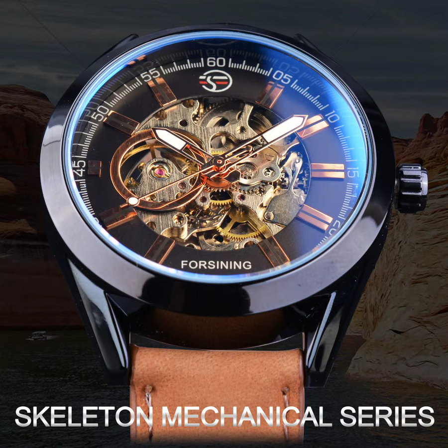 Forsining Armbanduhr Skeleton, Automatik, Leder, Herren, Schwarz, Silber - Bild 2